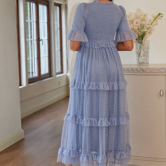 Blue Elegant Women's Polka Dot Printed Maternity Dress With Ruffle Hem - Picture 2 of 6